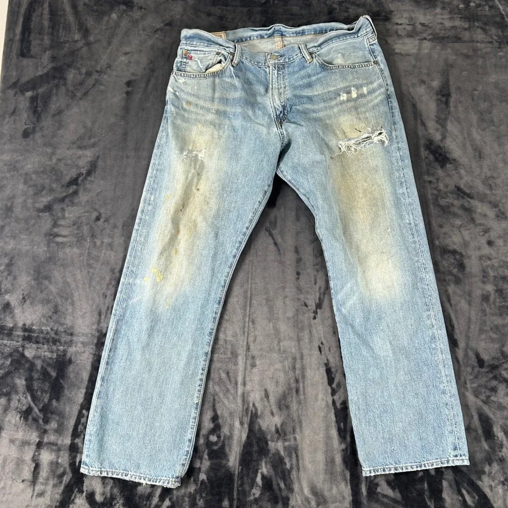 Polo Ralph Lauren Jeans Mens 36x30 Blue Distressed Straight Leg Denim